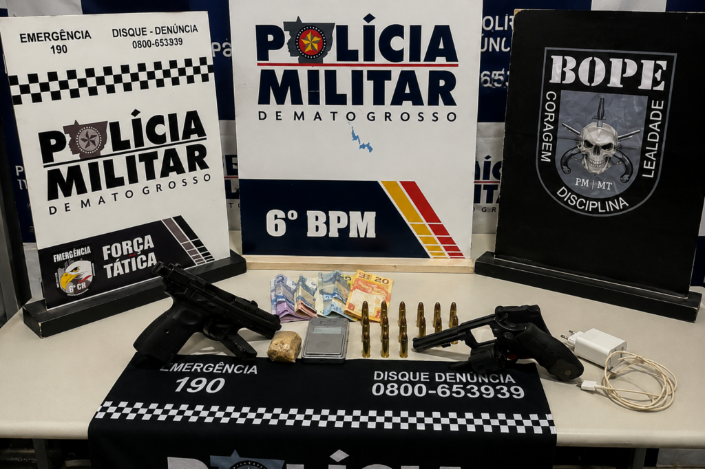PM detém cinco suspeitos com armas e drogas em Cáceres